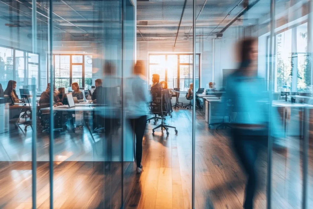 Busy open-plan office seen through glass walls, with people working at desks